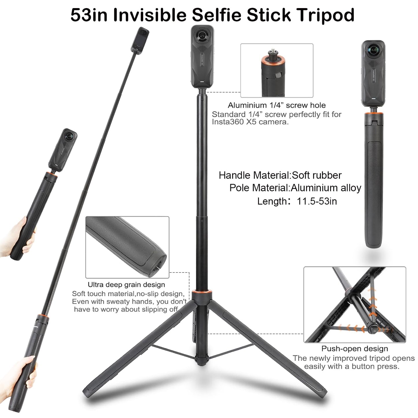 PellKing Accessories Kit for Insta360 X5,Included Carrying Case with Belt,135cm Selfie Stick Tripod,Aluminium Handlebar Clamp.2 Pcs Metal 1/4"