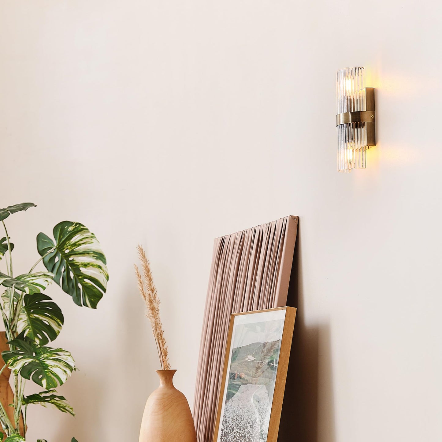 Globe Electric 65000046 2-Light Wall Sconce, Matte Brass, Ribbed Glass Shade, E12 Base Sockets, Wall-Lamp Dimmable, Lights for Bedroom, Kitchen