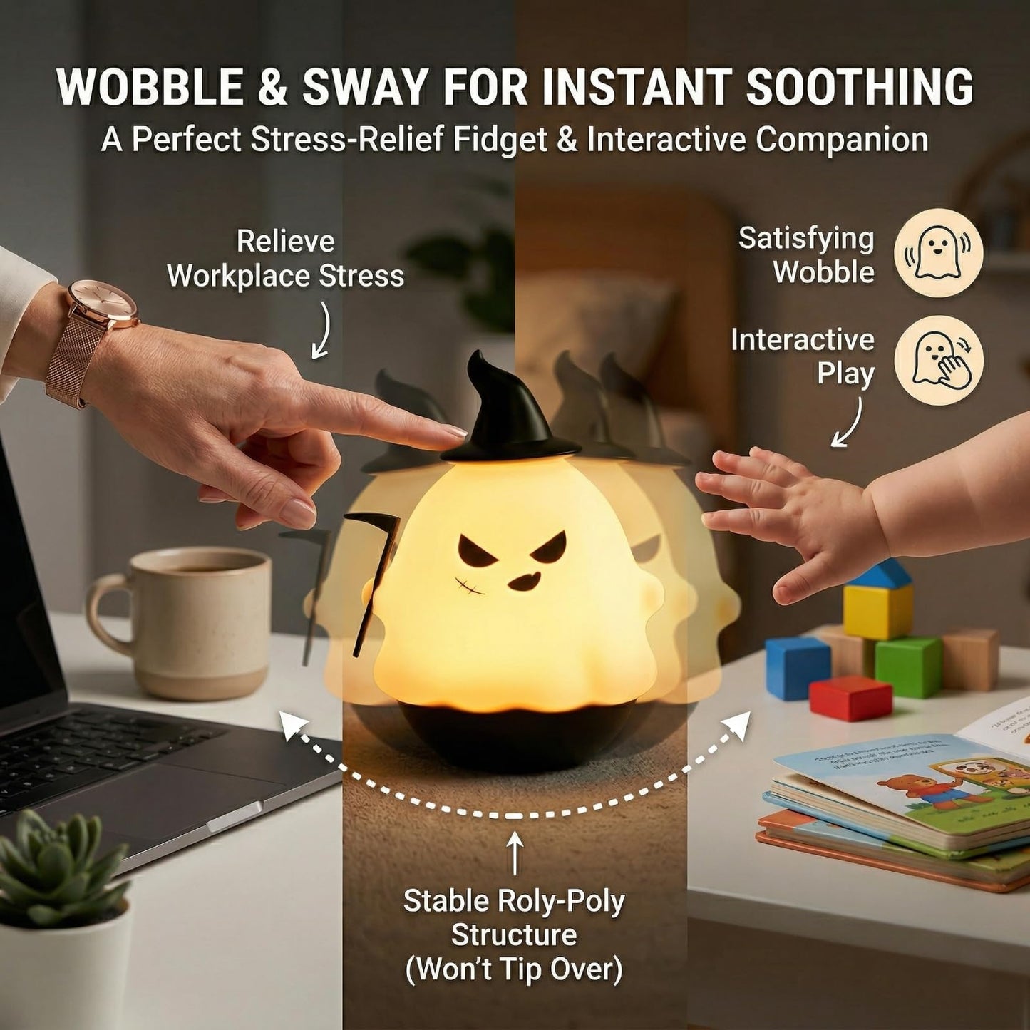Cute Night Light for Kids, Silicone Roly-Poly Ghost Night Light with 3 Colors, Interactive Wobble Fidget Small Desk Lamp, Nursery Lamp Kawaii Room