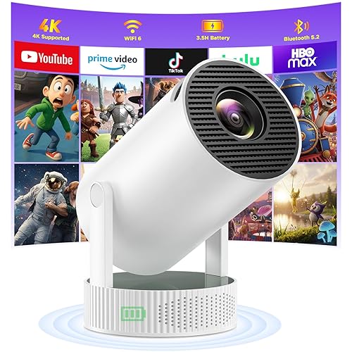 Mini Projector with WiFi and Bluetooth, Support 1080P 4K Portable Movie Projector Built-in Rechargeable Battery, Auto Keystone, 220° Rotation