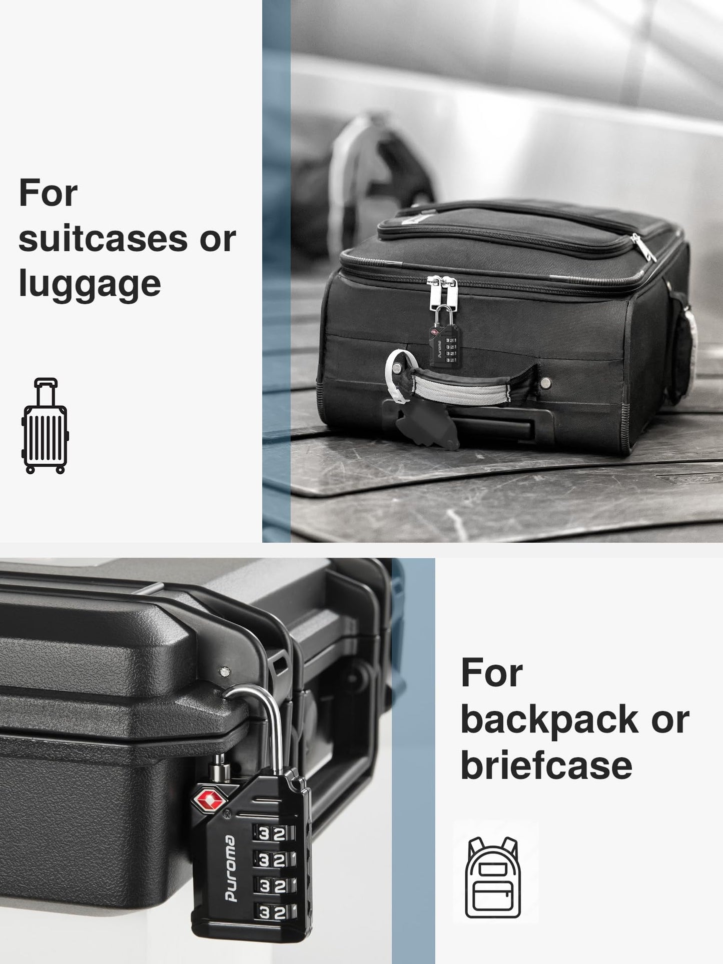 Puroma TSA Approved Luggage Locks 2 Pack – 4-Digit Resettable Combination Code, Durable Zinc Alloy for Suitcase, Backpack & Gym Locker