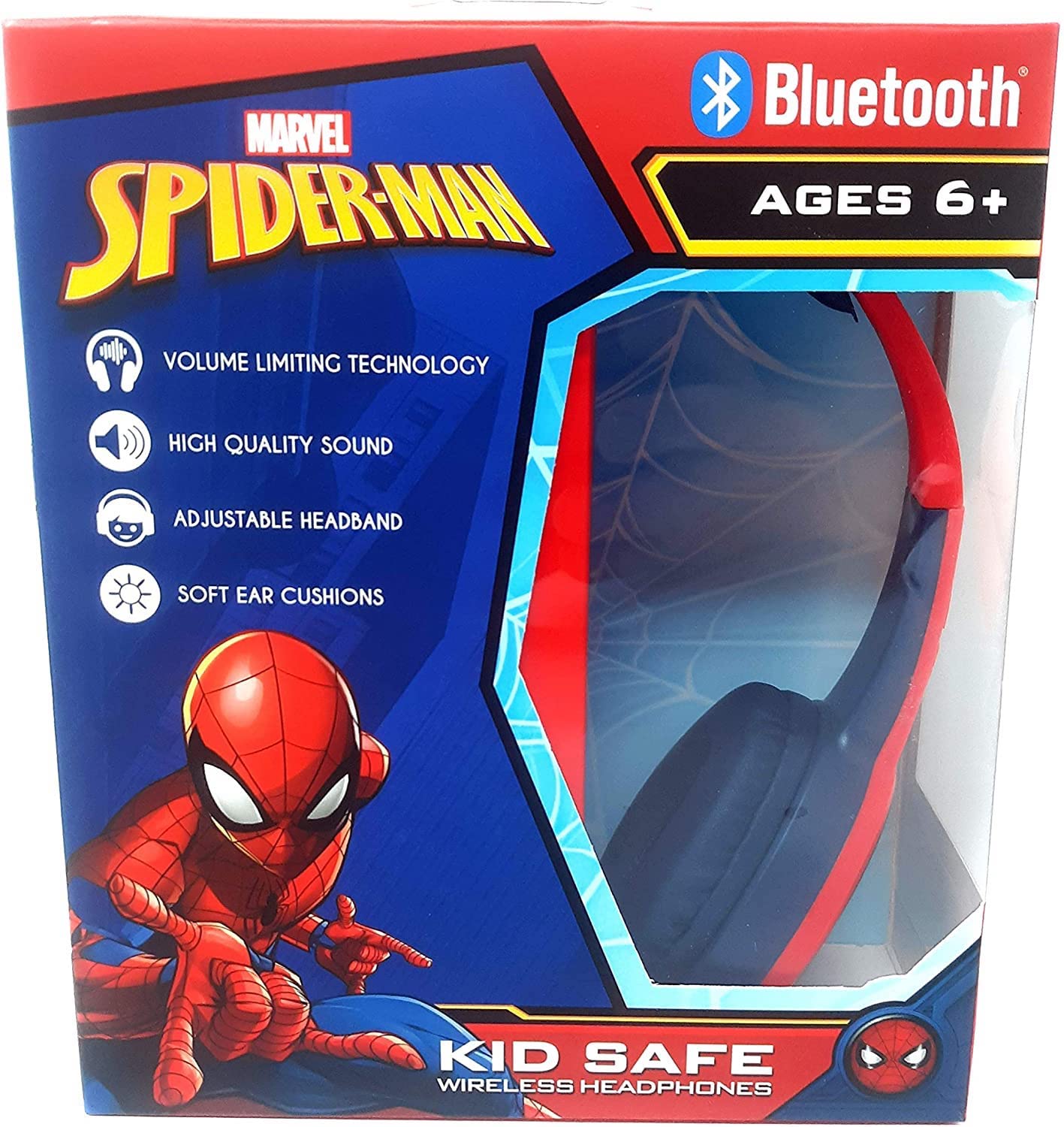 Spider Man Bluetooth Kid Safe Headphones Over The Ear Padded Cushions Flying on a Web Design