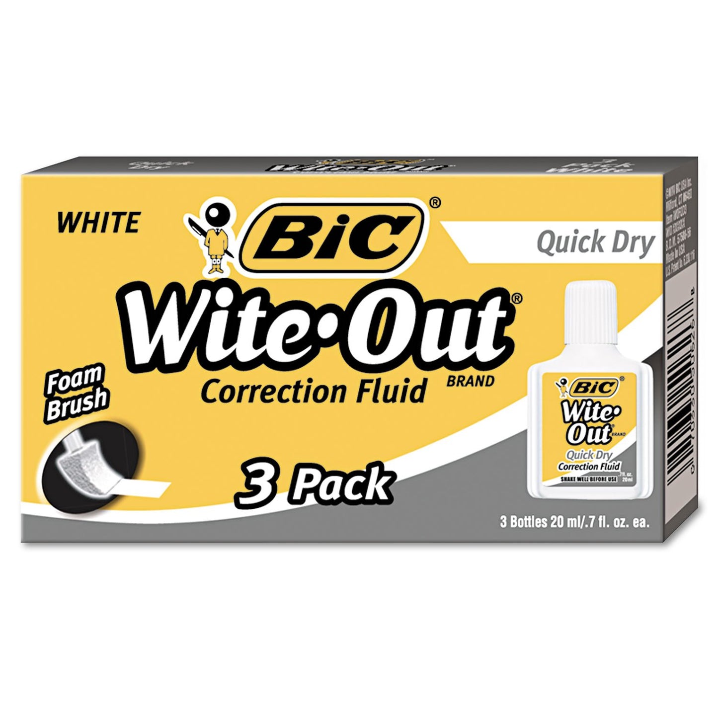 BIC Wite-Out Quick Dry Correction Fluid, 20 mL, White, Goes On Easy With A Reduced Dry Time, 3-Count Pack