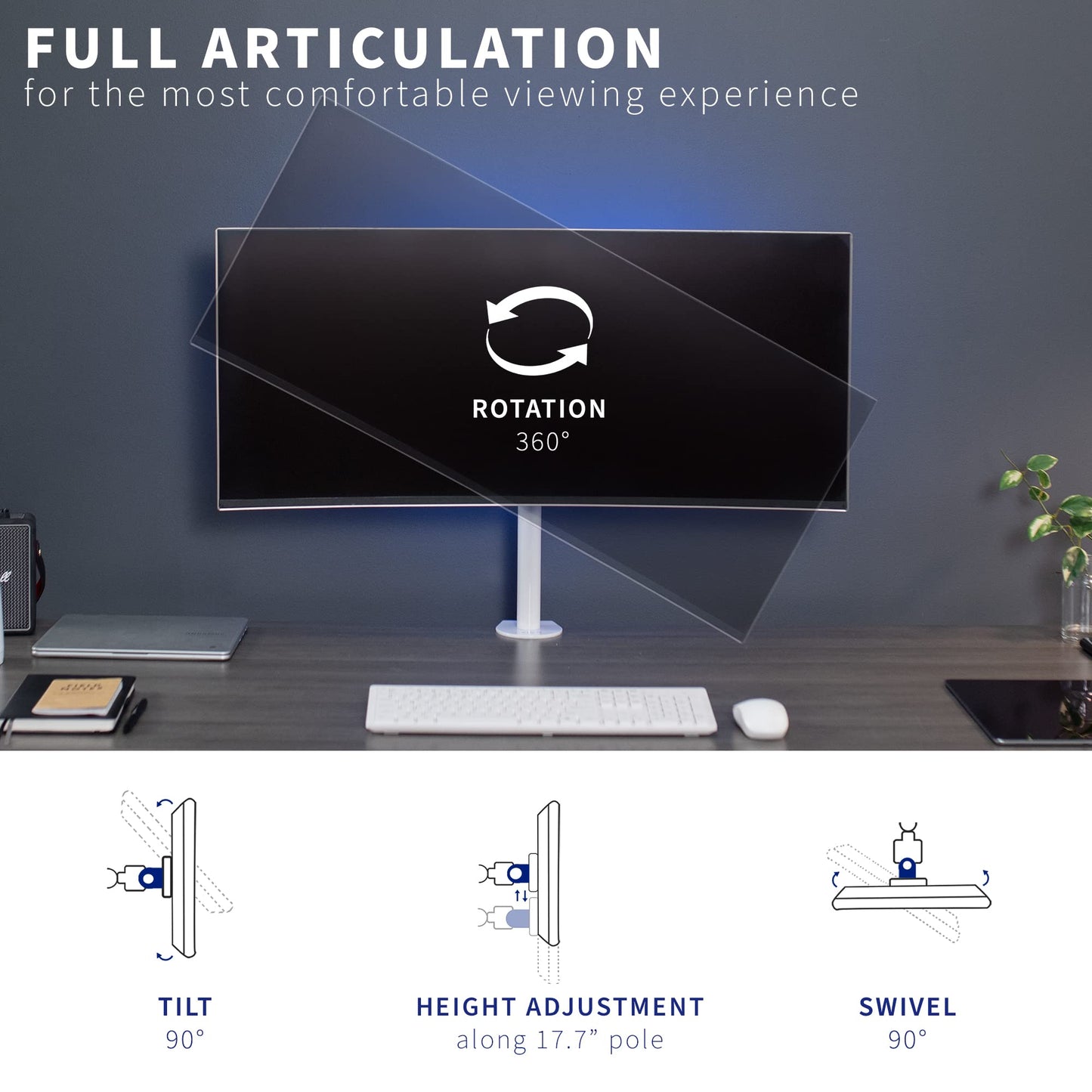 VIVO Single 13 to 38 inch LCD Monitor Heavy Duty Desk Mount Stand, Holds 1 Standard to Ultrawide Screen up to 38 inches, White, STAND-V001CW