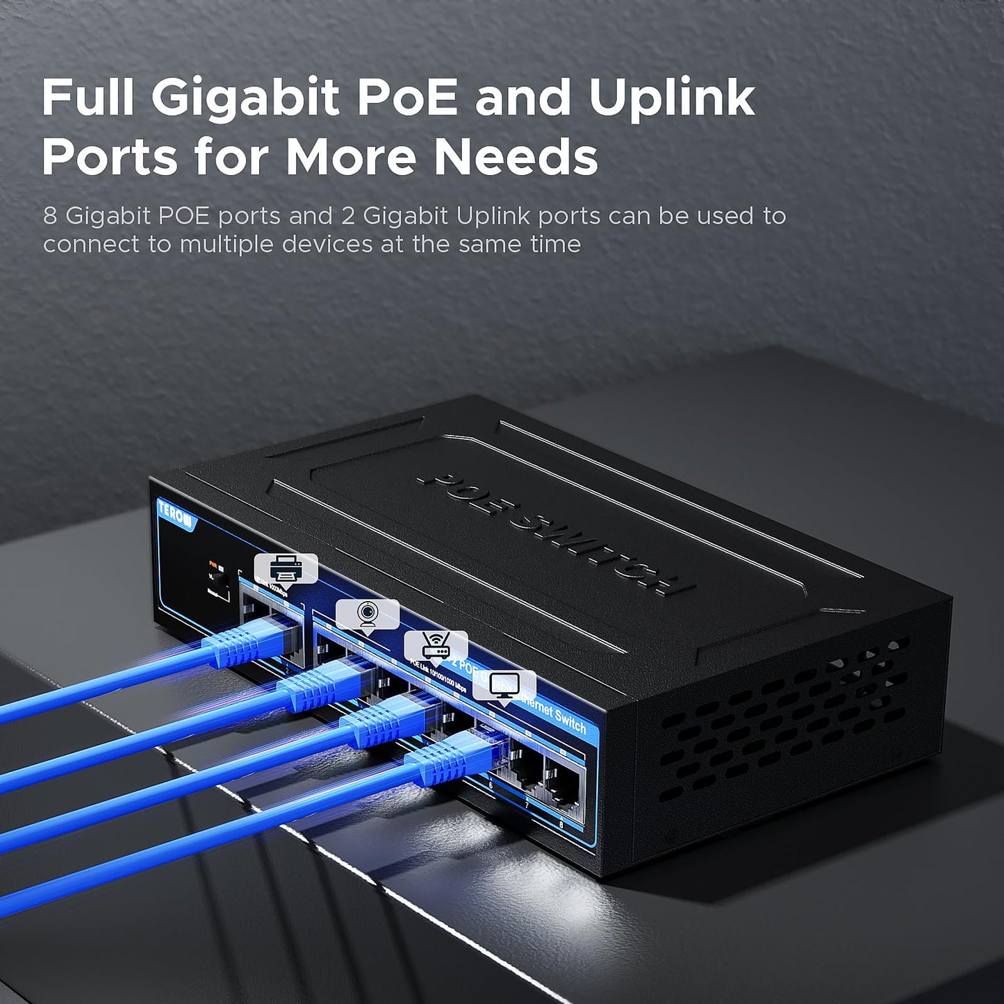 8-Port PoE Gigabit Switch with 2 Gigabit Uplink, 8 PoE+Port 1000Mbps, 96W, 802.3af/at Vlan, Metal fanless Design, Plug-and-Play, Desktop
