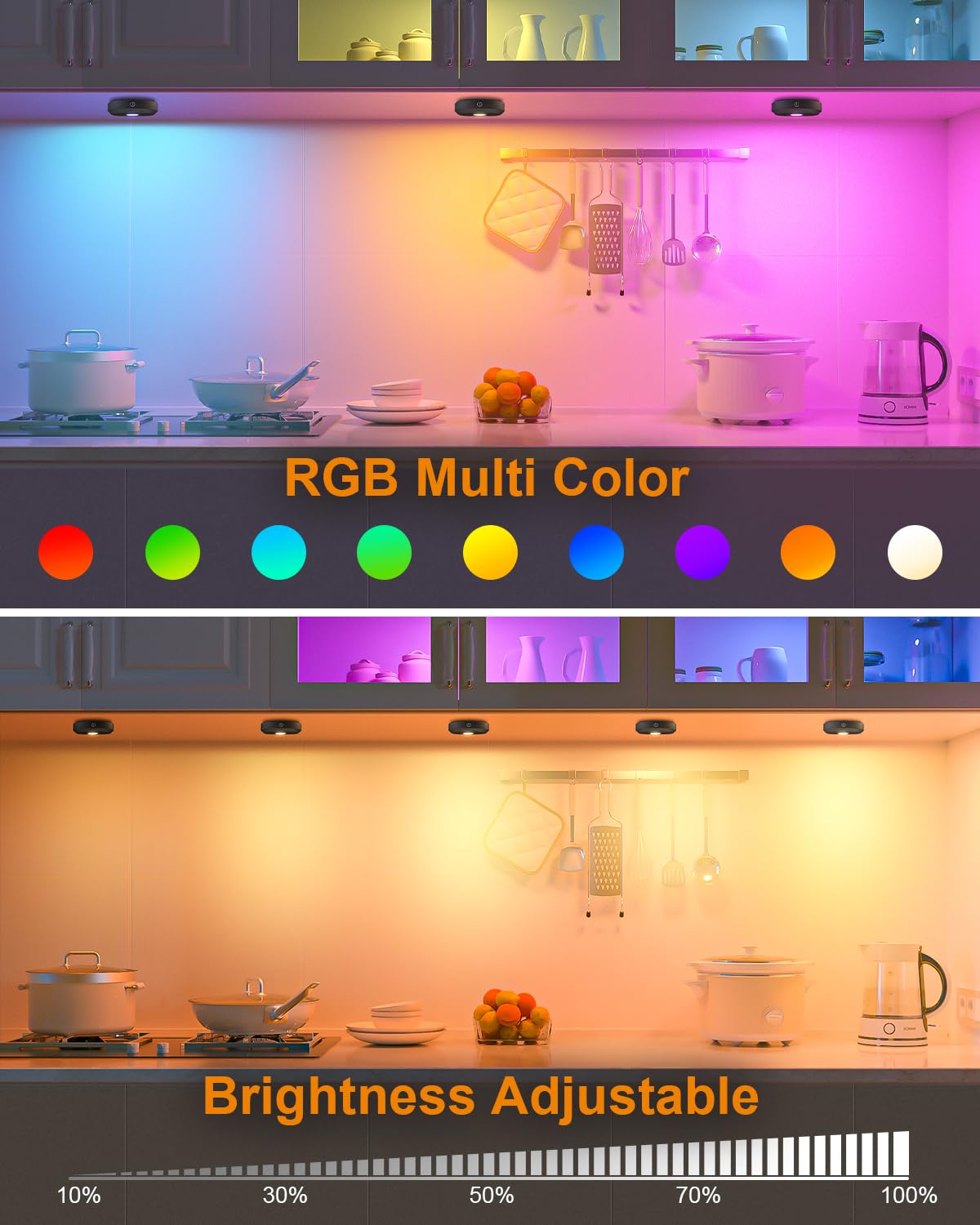 WILLED Under Cabinet Lighting Wireless,RGB Rechargeable Puck Lights with Remote Control,Battery Touch Tap Light with Timer Function,Stick On LED