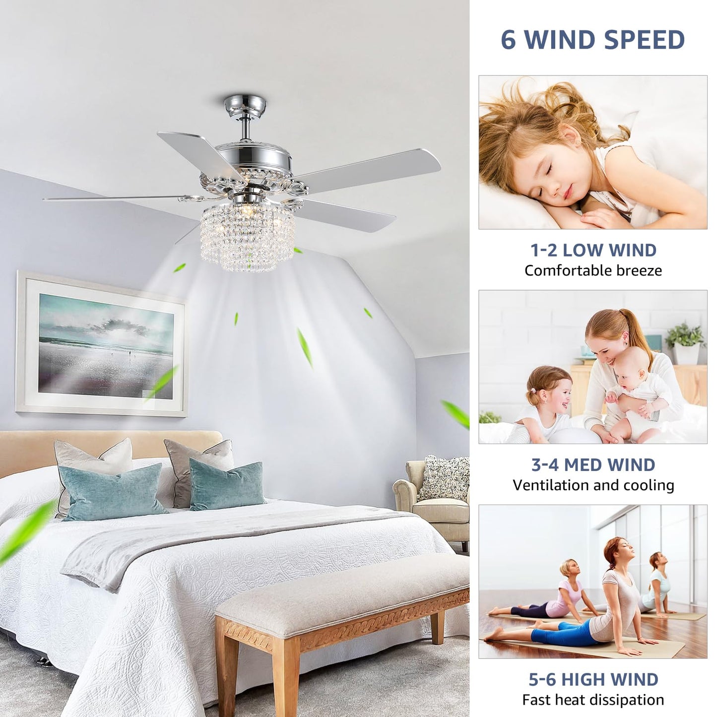 CROSSIO 52 Inch Crystal Ceiling Fan with Light and Remote Control