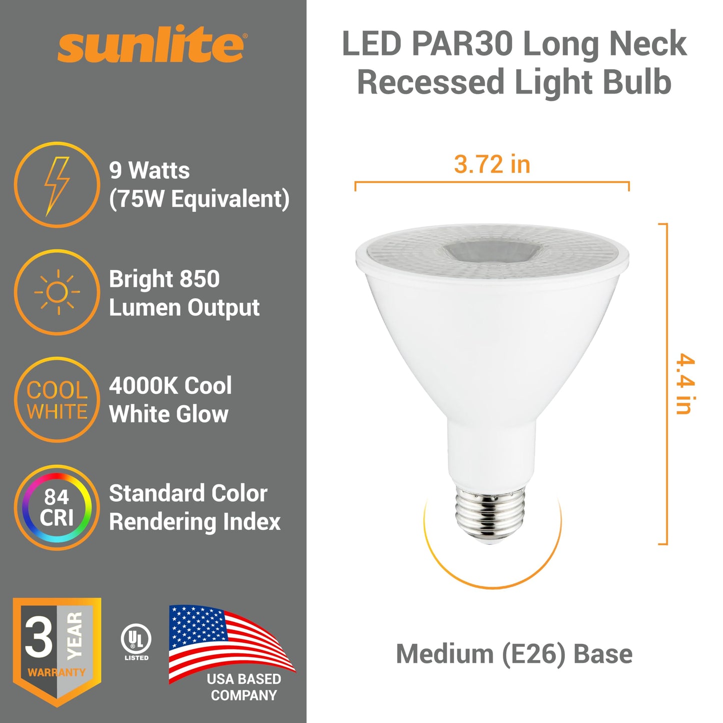 Sunlite LED PAR30 Long Neck Recessed Light Bulb, 9 Watt, (75W EQ), 850 Lm, Medium E26 Base, Dimmable, UL Listed, 35 Degrees Beam Angle, 4000K Cool