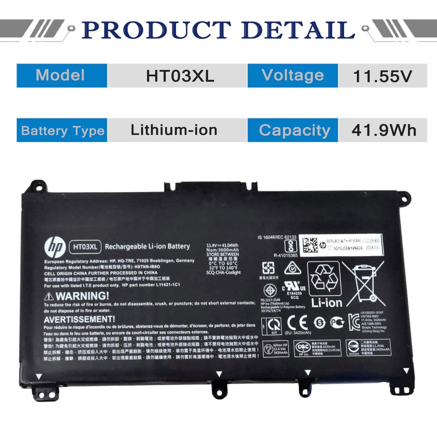 HP HT03XL L11119-855 Battery for Pavilion 15-DA 15-DB 15-DW 15-CS 15-DY 17-by 17-CA 14-CE 14-CF 14-DF 14-DQ 14-DK 15-CS0053CL 15-DW0033NR 15-DA0014DX