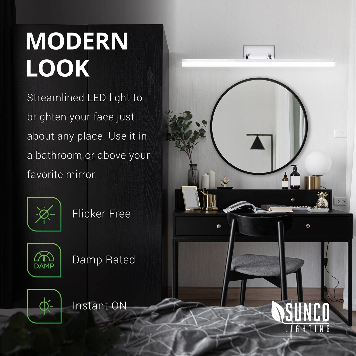 Sunco Lighting Modern Vanity Light Fixture, LED Bathroom Bar Lights, 15W=100W, Selectable White (3000K/4000K/5000K), 1100 LM Chrome Finish, Adjustable
