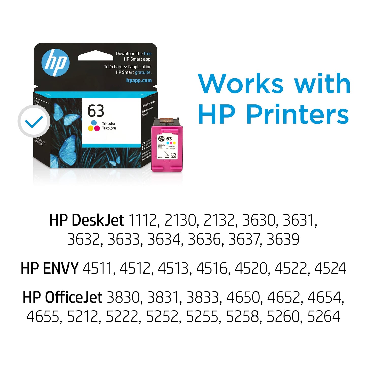 HP 63 Tri-Color Ink Cartridge Printers | Works with Printer Series: DeskJet 1112, 2130, 3630; Envy 4510, 4520; OfficeJet 3830, 4650, 5200 | Eligible