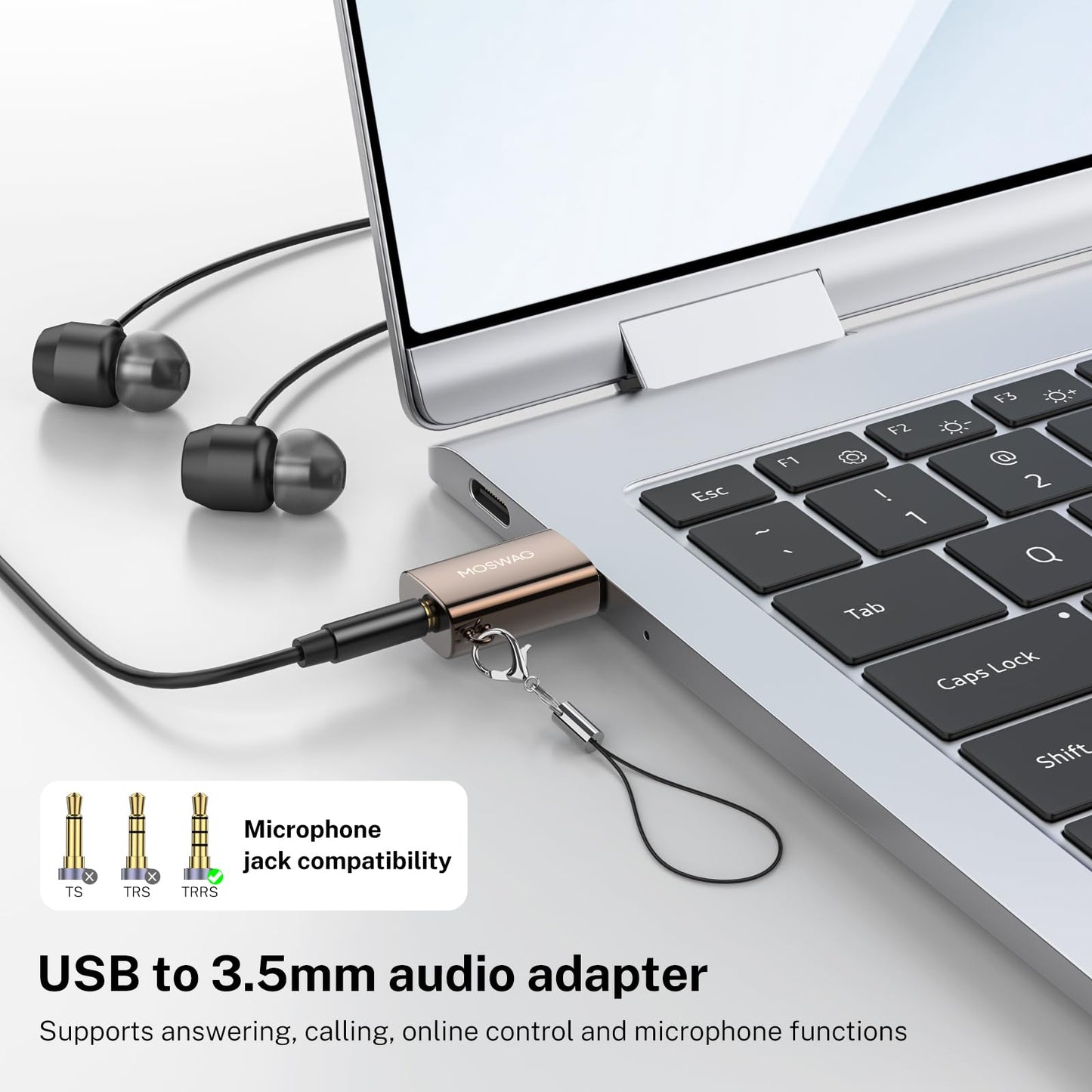 MOSWAG USB to Audio Jack Adapter, 3.5mm Jack Audio Adapter, External Stereo Sound Card TRRS Female Headset Compatible with PC, Laptop, Mac, Desktops