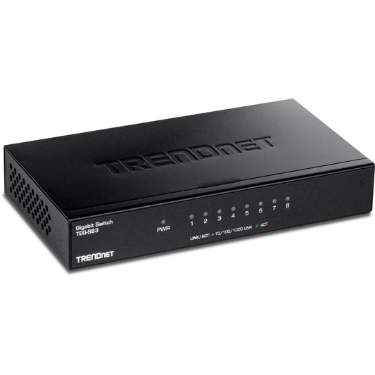 TRENDnet 8-Port Gigabit Desktop Switch, TEG-S83, 8 x Gigabit RJ-45 Ports, Ethernet Splitter, 16Gbps Switching Capacity, Fanless Design, Metal