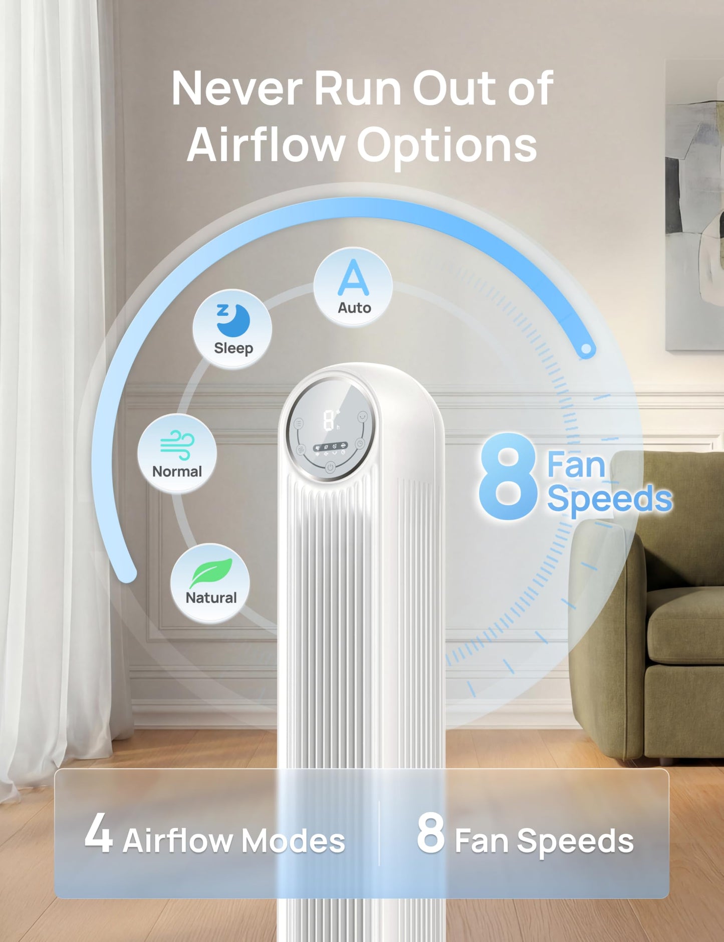 DREO Tower Fan for Bedroom, 28ft/s Velocity, Ultra Quiet Fan, 8 Speeds