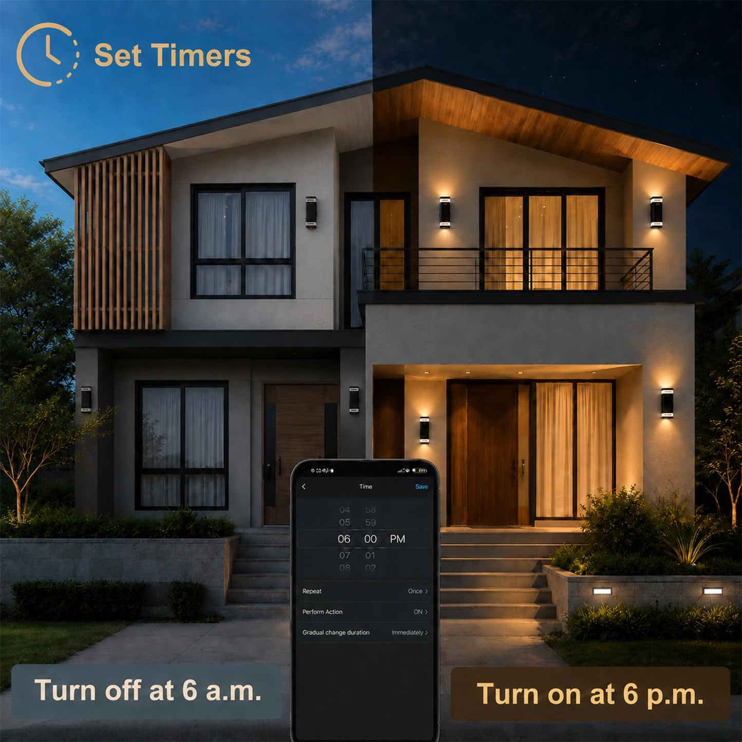 wowlite Smart Up and Down Lights Outdoor 2 Pack, RGBCW Exterior Lighting Fixtures WiFi App Control 2700K-6500K Ambience Wall Sconce Light Color
