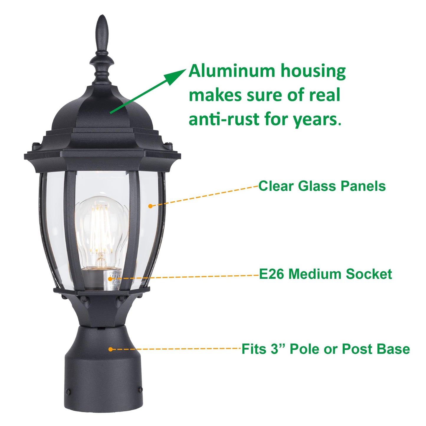 LIT-PaTH Outdoor Post Lighting Fixture Pole Lantern, 16'' Waterproof Aluminum Post Lamp with Clear Glass, E26 Socket, Outside Lights for House Yard
