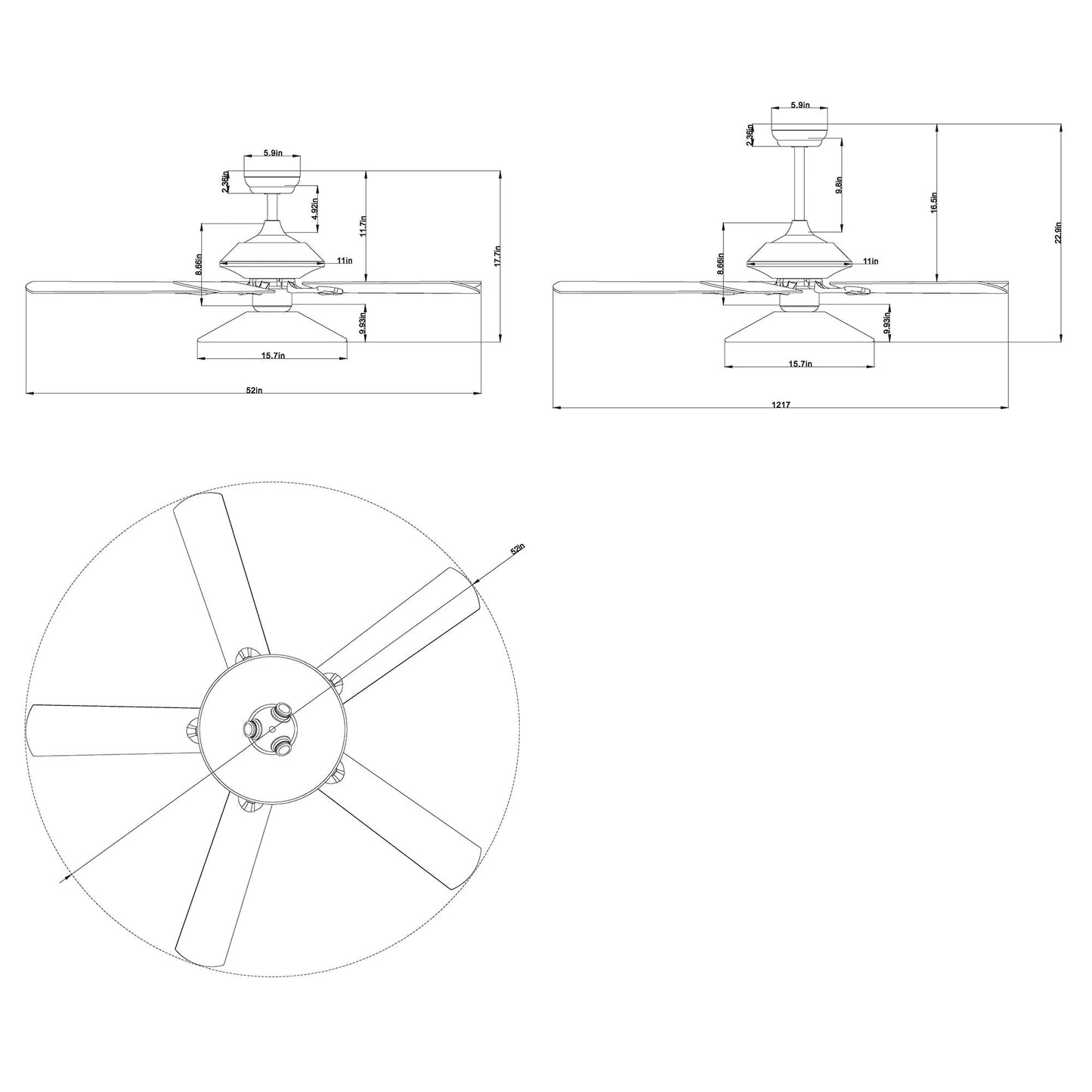 Upille 3-Light Metal 5-Blade 52-inch Matte Black Ceiling Fan (Optional Remote Available)