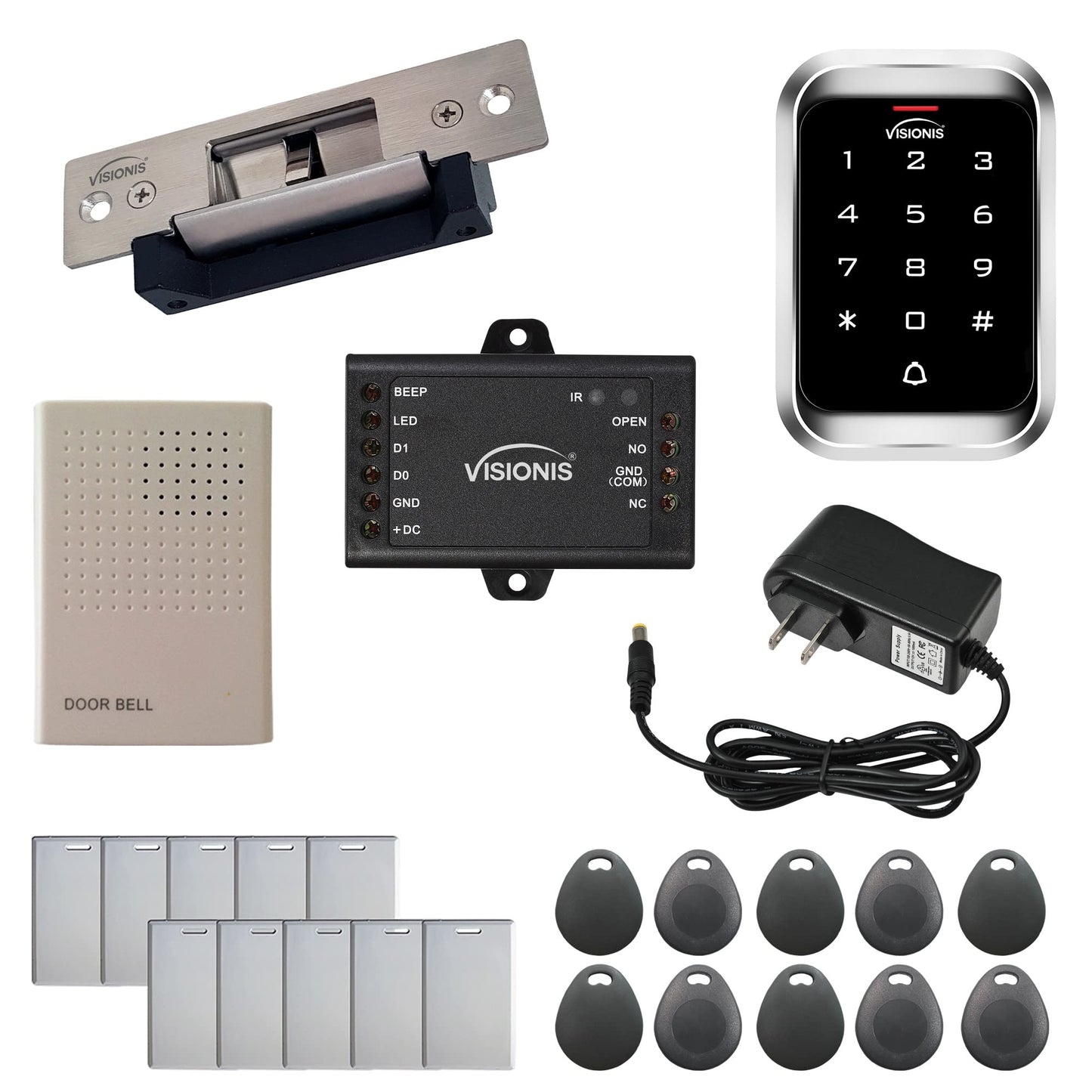 Visionis FPC-5456 One Door Access Control Electric Strike Fail Safe And Fail Secure Adjustable 770lbs + Outdoor Keypad/Reader Standalone With Mini