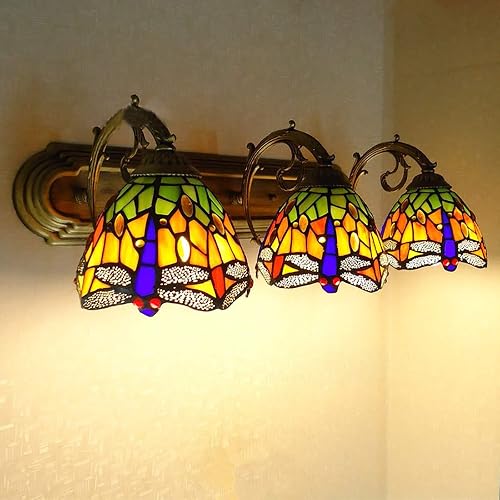 TFCFL 3 Lights Sconce Lightings, Bronze Finish Handcraft Stained Glass Vanity Lighting Wall Sconces Fixture Dragonfly Shades Stained Glass Sconce