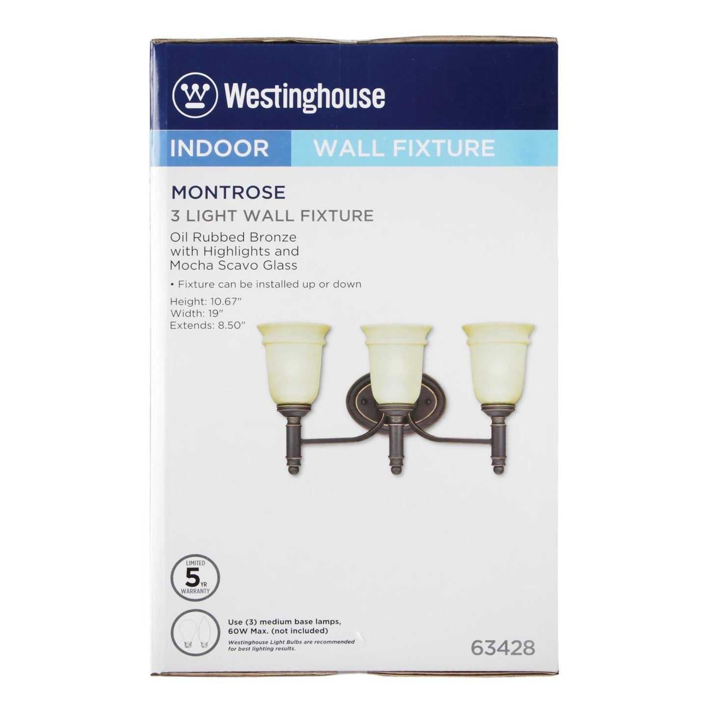 Westinghouse 6342800 Montrose Three-Light Indoor Wall Fixture, Oil Rubbed Bronze Finish with Highlights and Mocha Scavo Glass
