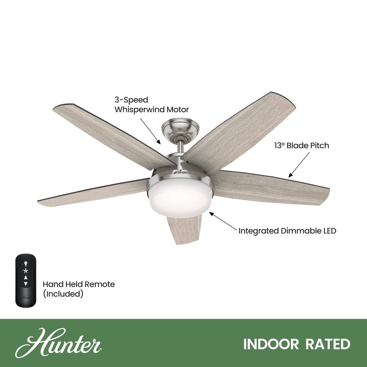 Hunter Fan 52 inch Contemporary Brushed Nickel Indoor Ceiling Fan with Light Kit and Remote Control (Renewed)