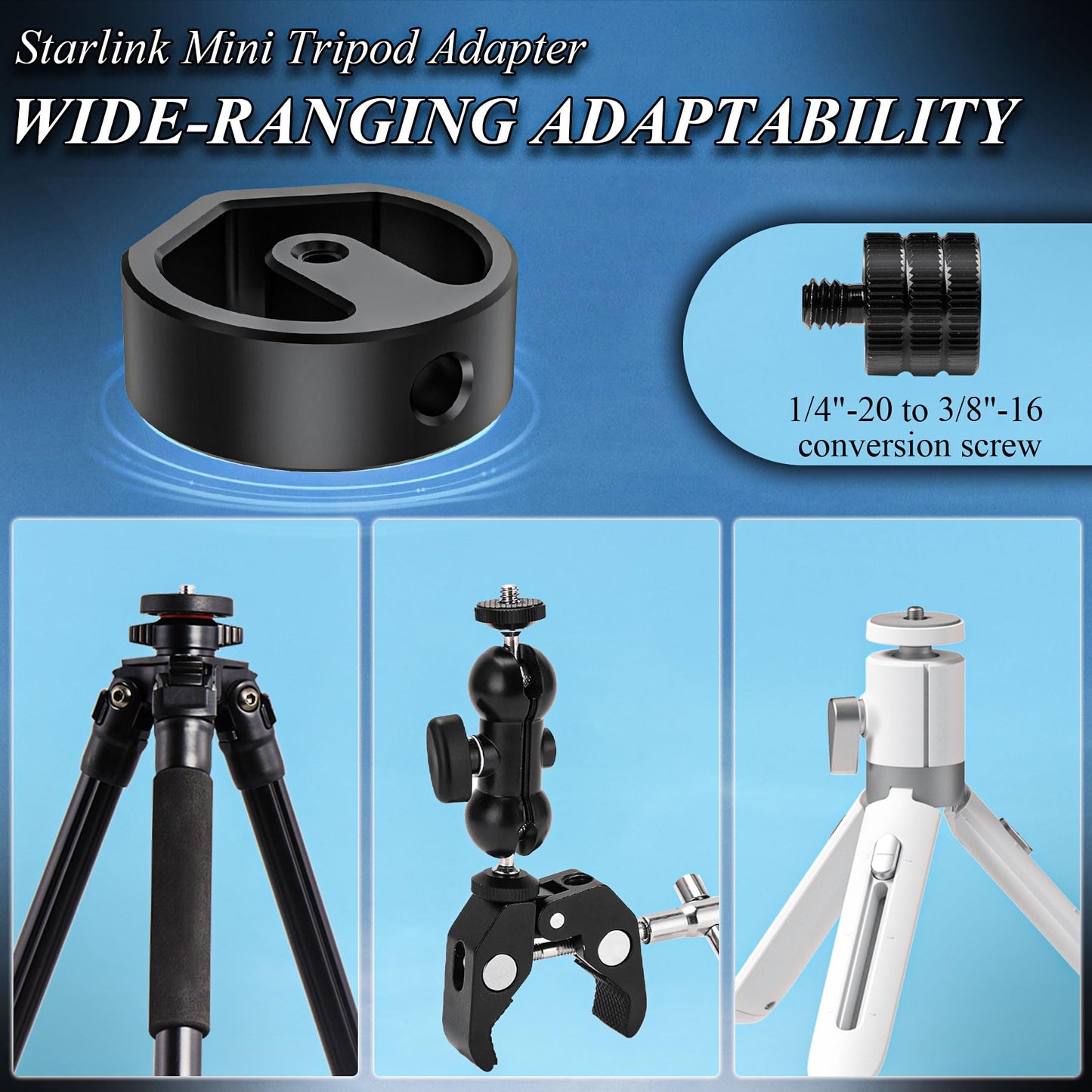 TRSAIM Starlink Mini Tripod Adapter,Premium Aluminum Alloy Mount, 1/4"-20 & 3/8"-16 Threaded, Compatible with Starlink Mini, Supports Tripod, Clamp