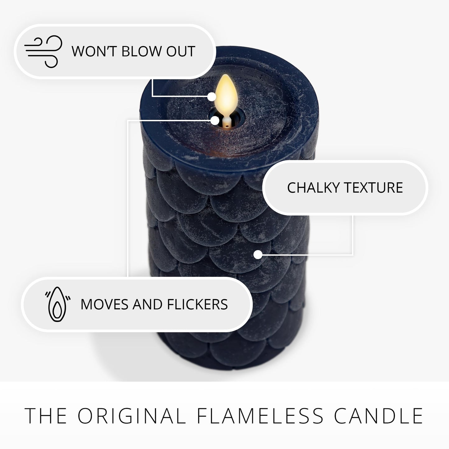 Luminara Embossed Fish Scale Flameless LED Candle, Midnight Blue, 3.25" x 6.5", Moving Flame Pillar, Battery Operated with Timer, Indoor