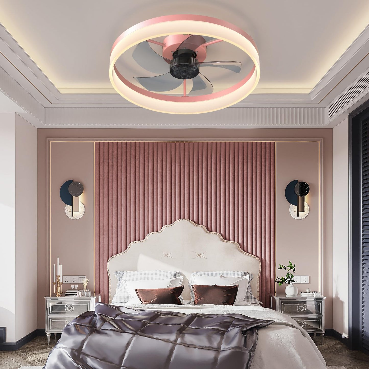 NoeBanJe Flush Mount Ceiling Fan with LED Lights and Remote, Modern Low Profile Ceiling Fans with 6 Wind Speeds Three Kinds of Lights Noise-Free,