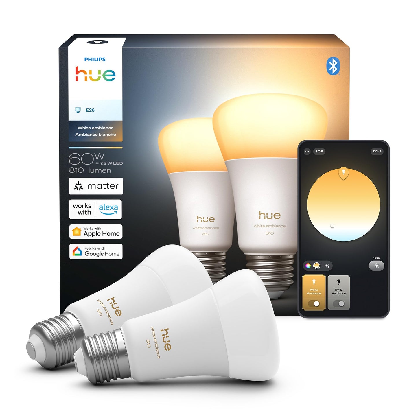 Philips Hue Smart LED A19 Bulb 2-Pack, White Ambiance, E26 Base, 7.2W, Full Spectrum Light 1000K-20000K, 810 Lumens, Dimmable LED Bulbs, Works