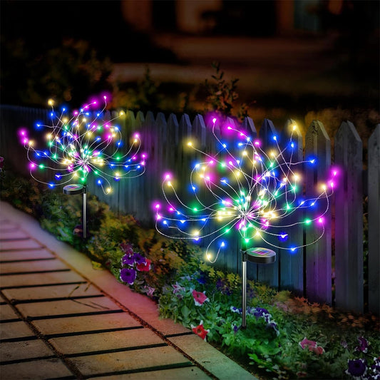 Anordsem Solar Garden Lights Outdoor: 120 LED Sparkler Fireworks Starburst Colorful Lighting - Waterproof DIY Dandelion Outside Yard Art Decorations