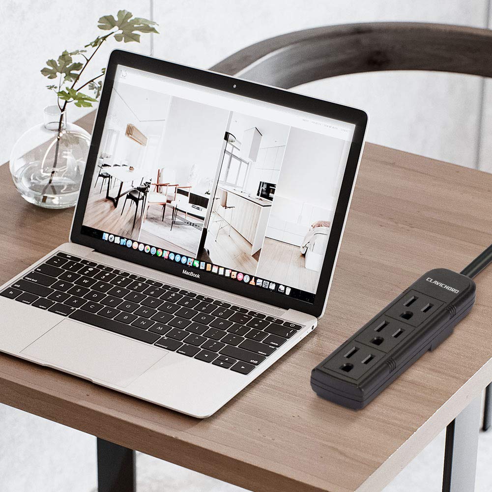 Power Strip with Flat Plug - 3 Ground Outlets 7 Inch Heavy Duty Braided Extension Cord Flat Plug Mountable Outlet Strip for Computer/Home/Office