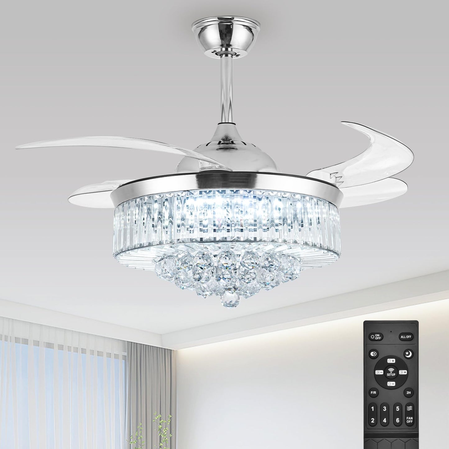 Bavnnro 42'' Fandelier Ceiling Fans with Light, Silver Retractable Crystal Chandelier Fan, Reversible, Remote Control, Dimmable Ceiling Light Kits
