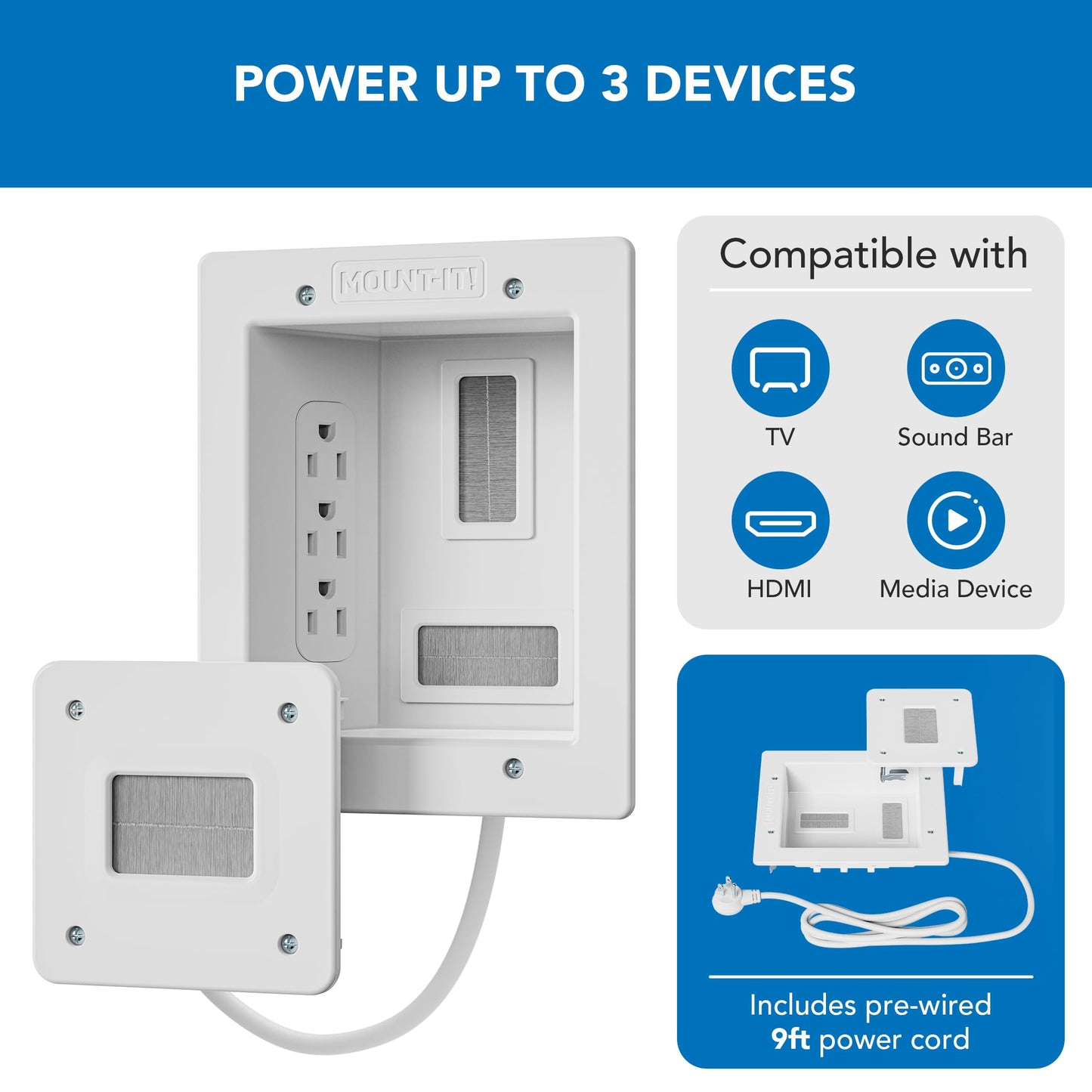 Mount-It! in-Wall TV Cable Management Kit with Recessed Power - Triple Outlet, 9ft Extension Cord and Hand Saw - Easy, Safe TV Outlet Wall Kit and TV