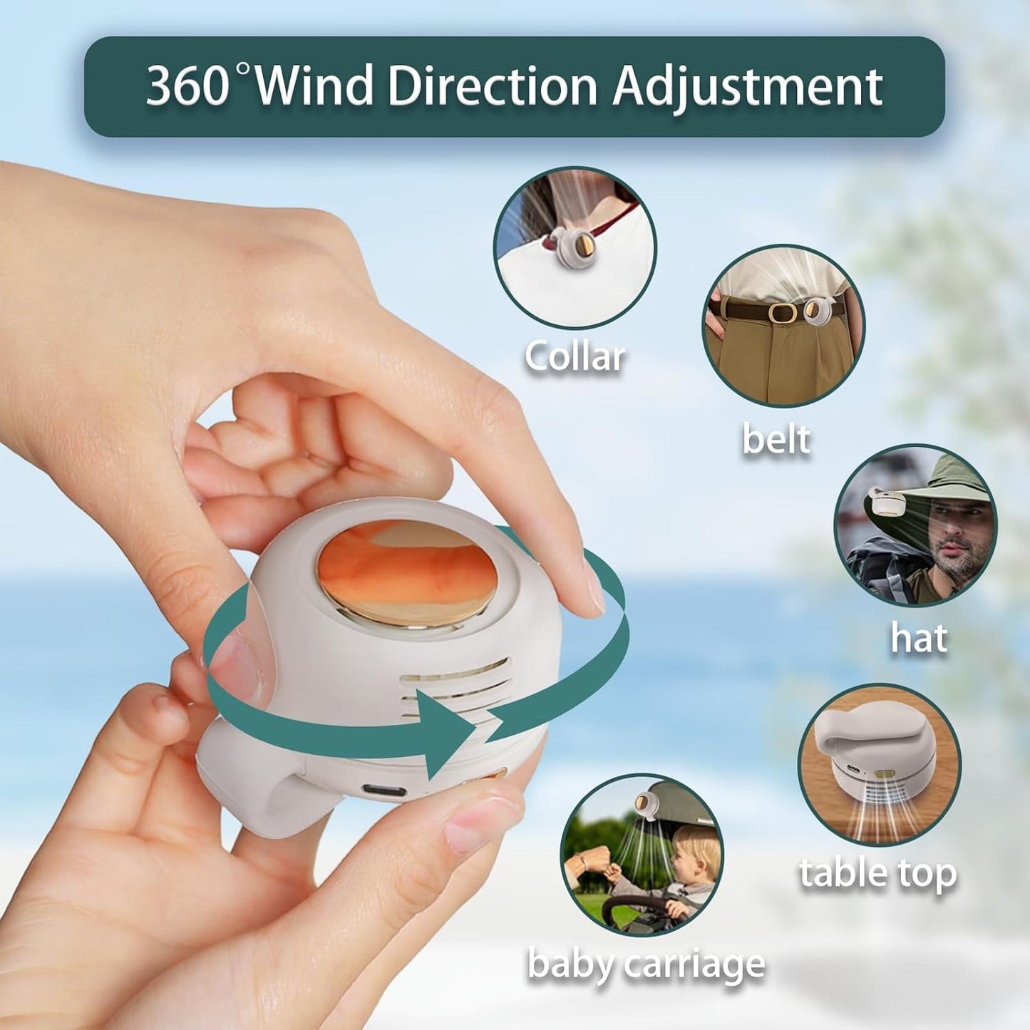 FIALAME Portable Silent Mini Bladeless Fan Clip On - Rechargeable Rotating Waist Fan, Adjustable 3-Speed Portable Electric Fan, Rechargeable 360°