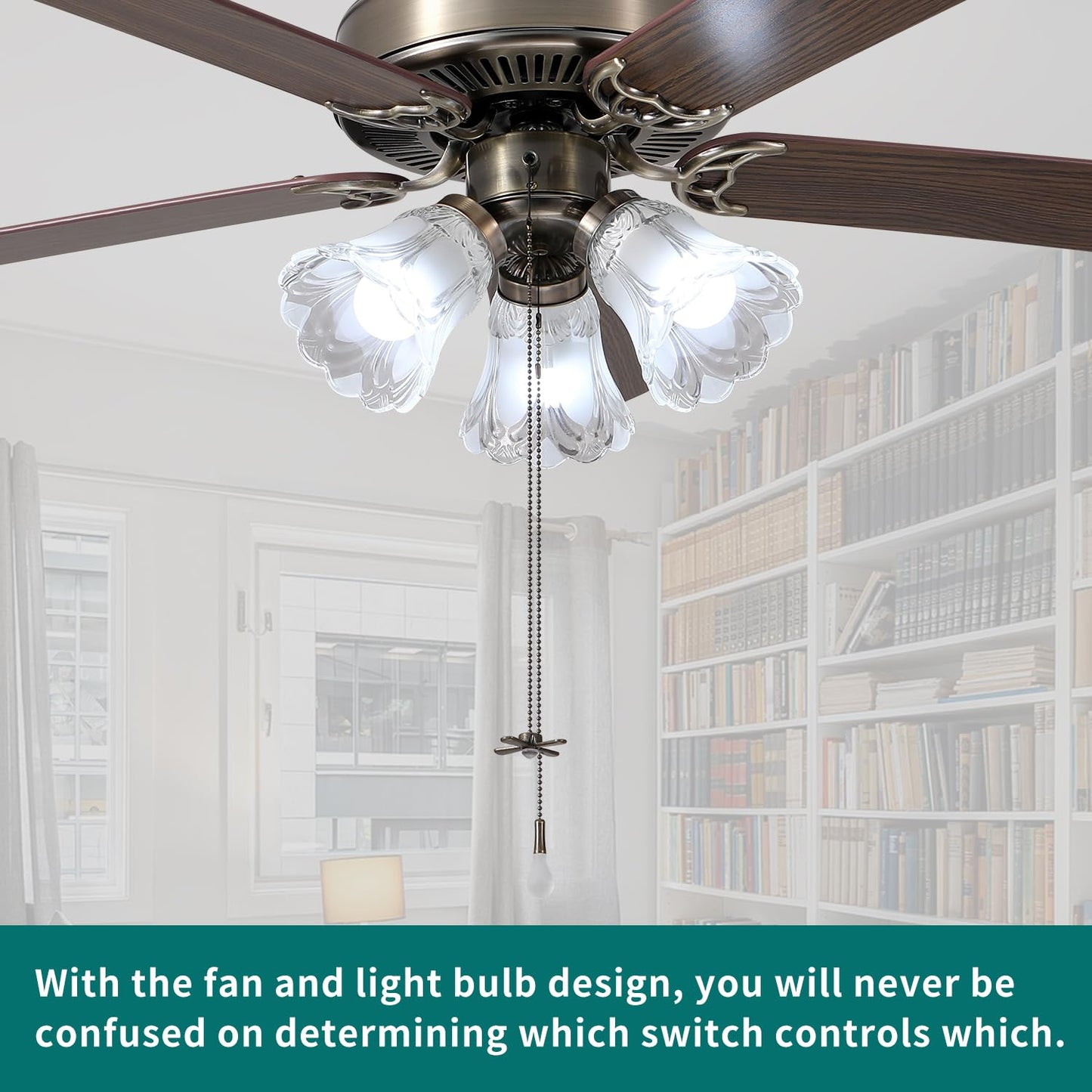 TWLITE 52 Inch Indoor Ceiling Fan with Pull-Chain and Three LED Light Bulbs Base, Traditional 3-Speeds Reversible Blades Ceiling Fan (Antique)