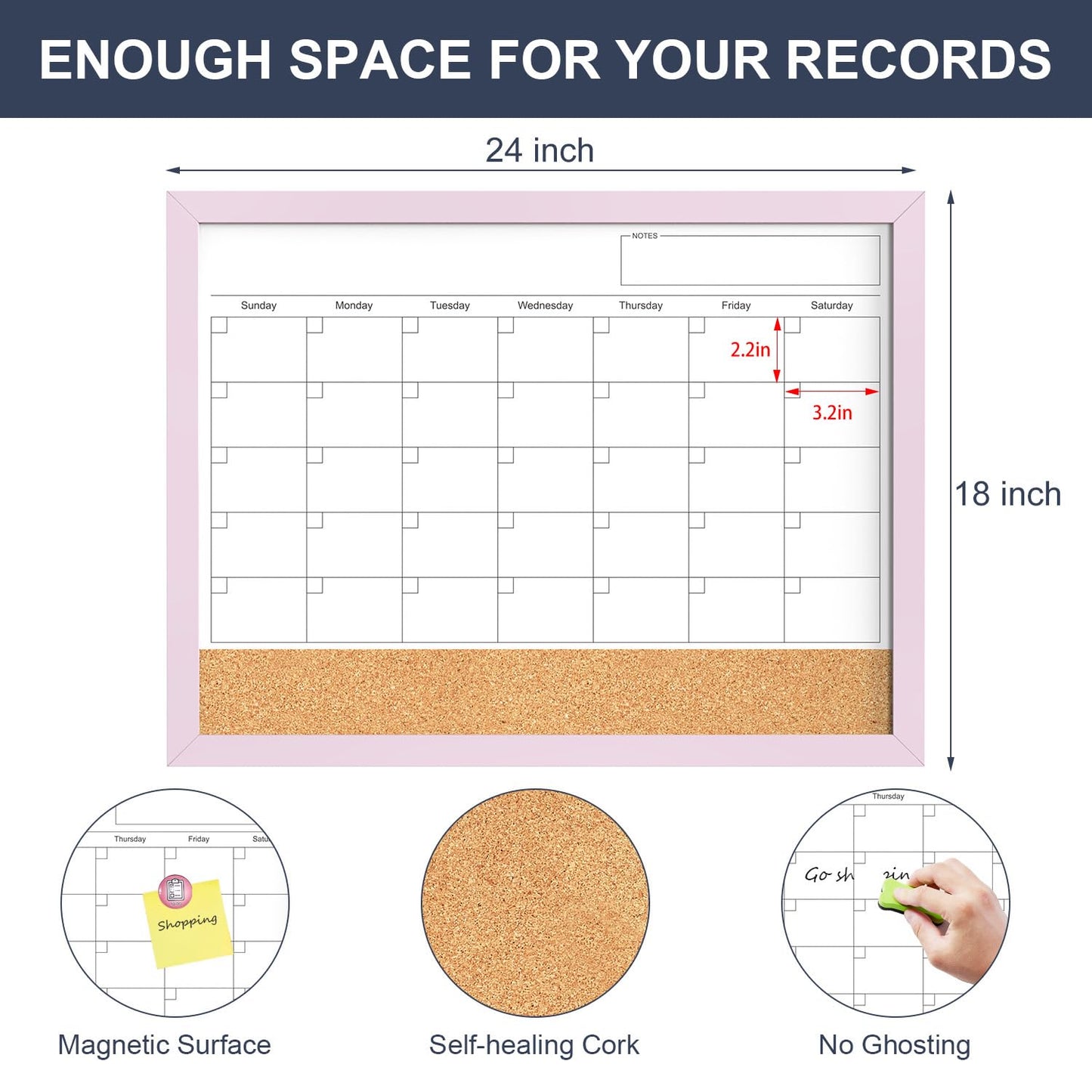 Dry Erase Calendar Cork Board Combo, 18x24 Inches Calendar Whiteboard for Wall, Magnetic White Board with Pink Wood Framed, Dry Erase Board