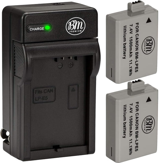BM Premium 2 Pack of LP-E5 Batteries and Battery Charger Kit for Canon EOS Rebel XS, Rebel T1i, Rebel XSi, 1000D, 500D, 450D, Kiss X3, Kiss X2, Kiss F