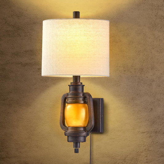 Wall Mount Lamp, Vintage Wall Lights with Plug in Cord - Dark Bronze Finish, Wall Sconce with Linen Fabric Shade and LED Nightlight for Living Room