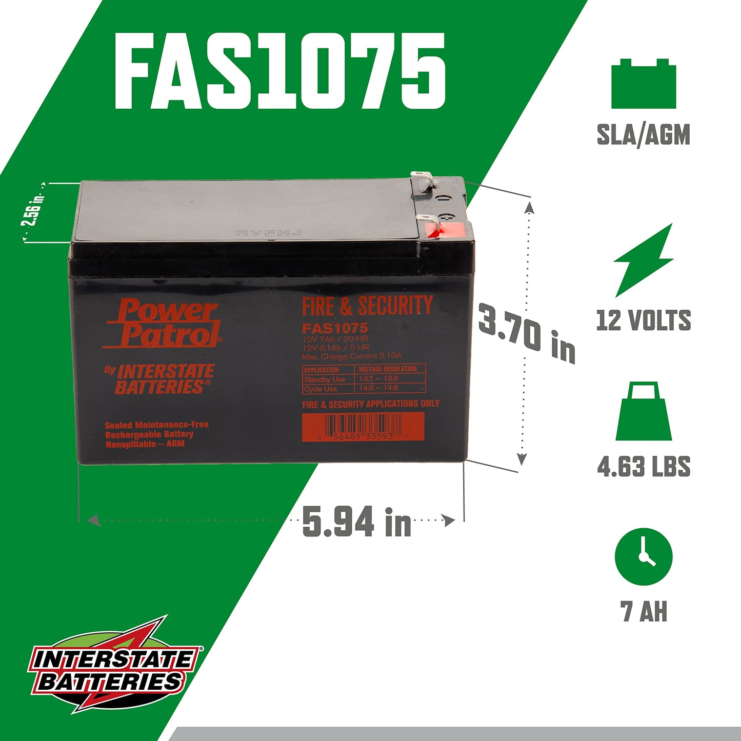 Interstate Batteries 12V 7Ah Fire & Security Battery (F1 Terminal) SLA AGM VRLA Power Patrol Rechargeable Replacement for Fire Alarms, Security…