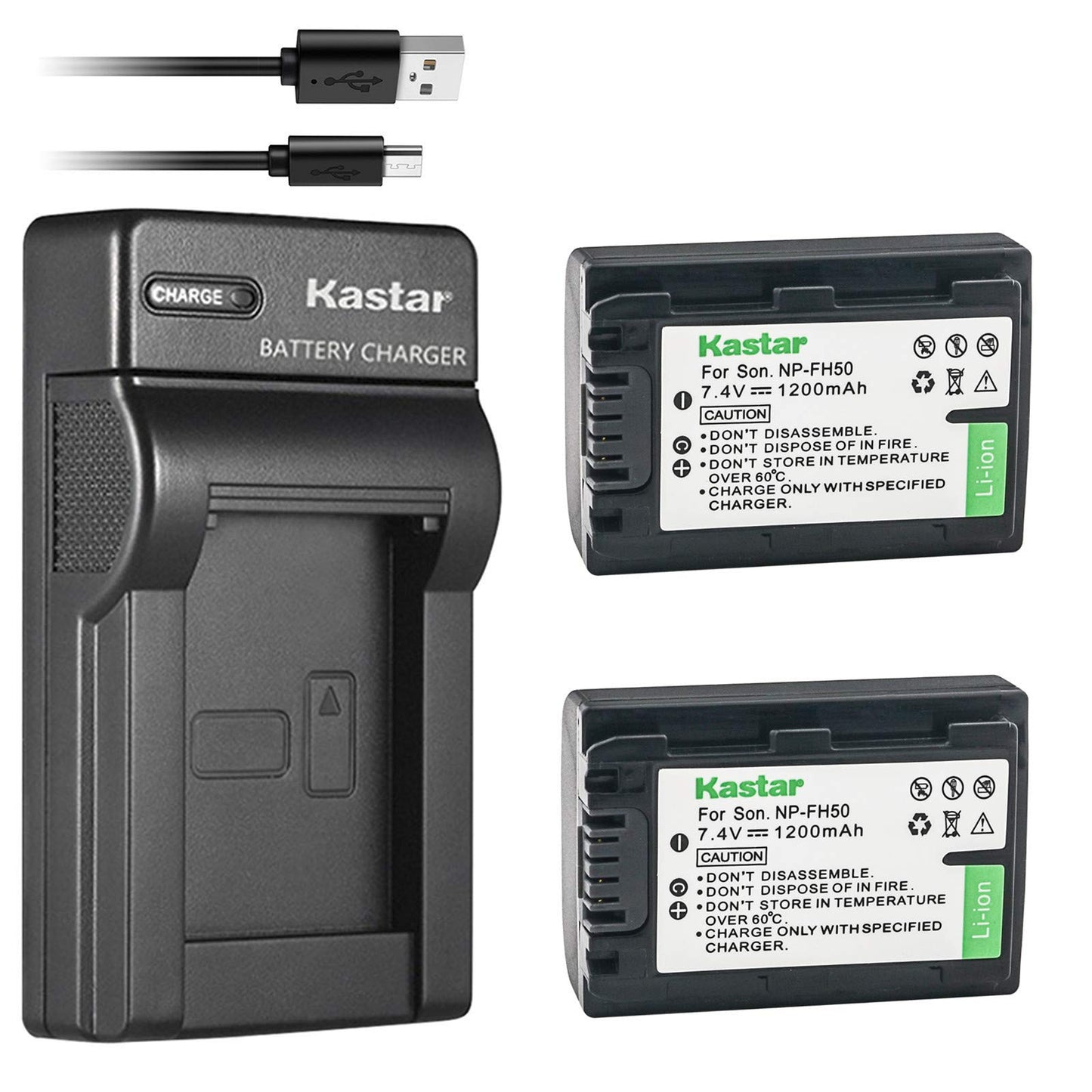 Kastar Battery (X2) & Slim USB Charger for Sony NP-FH50 NP-FH40 NP-FH30 NP-FP50 NP-FP51 and Sony A230 A290 A390 DSC-HX1 HX100 HX100V HX200 HX200V