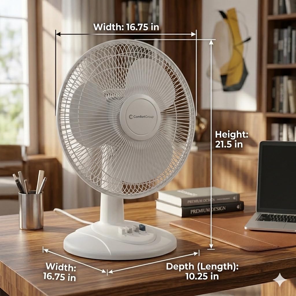 Comfort Zone Oscillating Table Fan with Adjustable Tilt, Convenient Push Button Controls, Quiet, 16 inch, 3 Speed, Desk Fan, Airflow 15.75 ft/sec