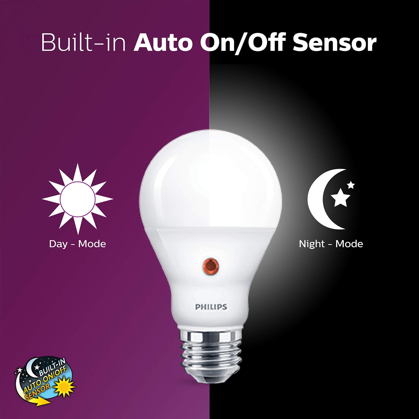 Philips LED Dusk-To-Dawn Outdoor A19 Light Bulb, Flicker-Free, 800 Lumen, Soft White Light (2700K), 8W=60W, E26 Base, 3-Pack