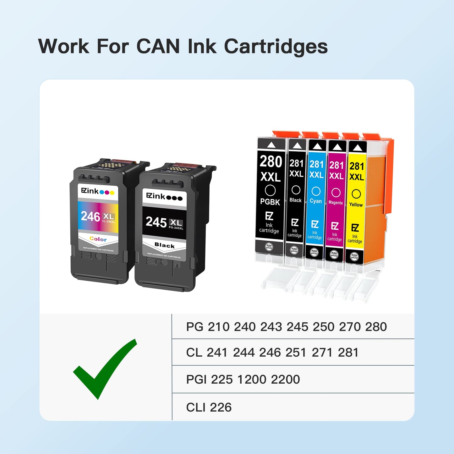 E-Z Ink (TM Refill Ink 5x100ml for CAN 250 251 270 271 280 281 225 226 1200 2200 PG210 PG245 CL246 PG240 CL241 Refillable Ink Bottle Compatible