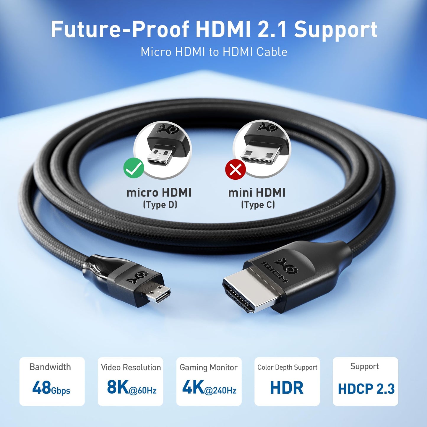 Cable Matters 48Gbps 8K Micro HDMI to HDMI 2.1 Cable - 6.6ft, Supports 8K@60Hz / 4K@240Hz with HDR, MicroHDMI Cable Works with Digital Camera, GoPro