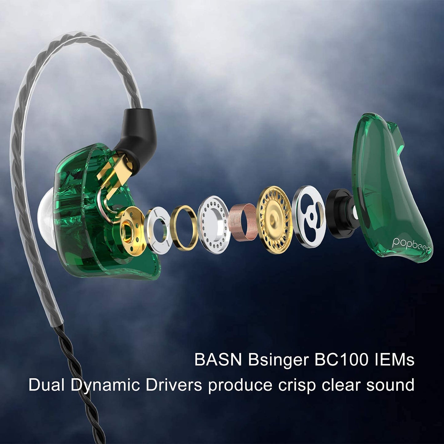 BASN in-Ear Monitor Headphones Dual Dynamic Drivers IEM Earphones Detachable MMCX Cable Musicians Earbuds Headphones (BC100 Green, with no Mic)