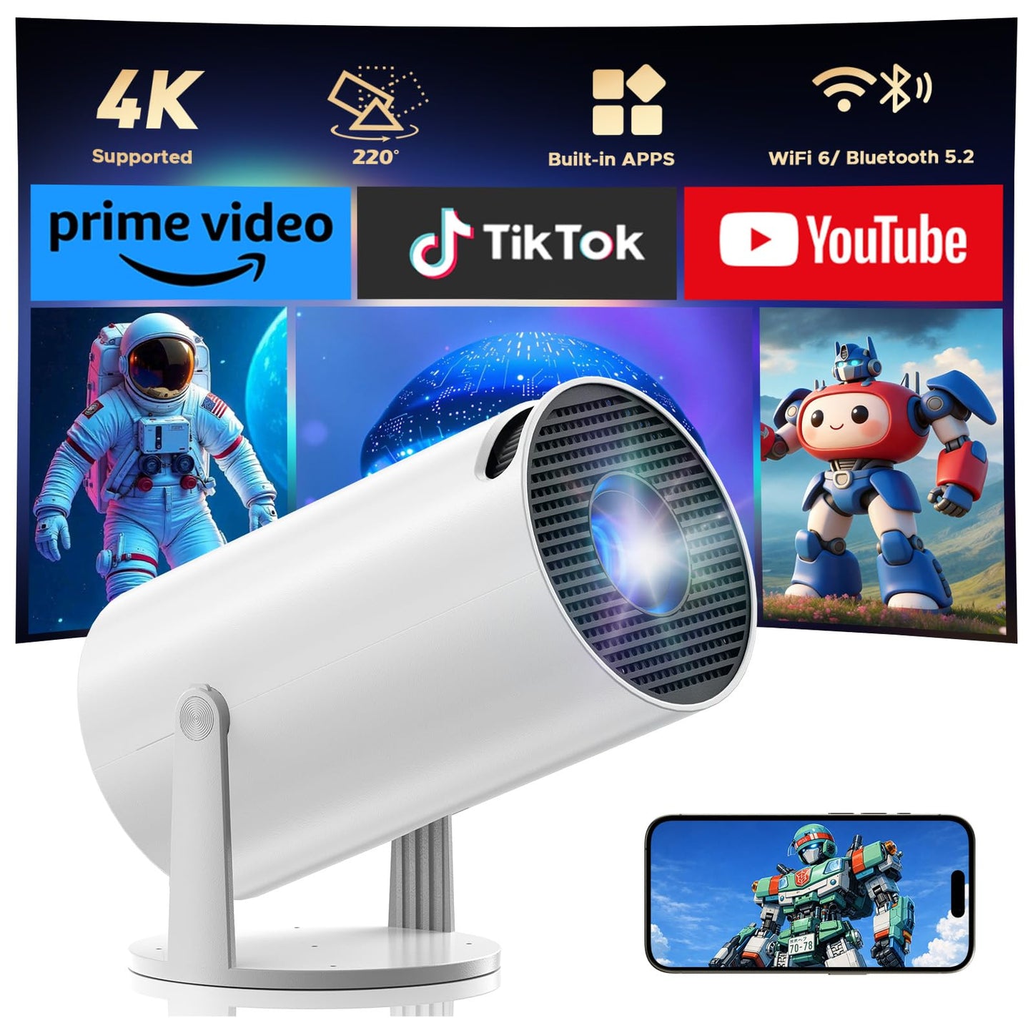 Portable projector with WiFi and Bluetooth, Mini projector supported 4K 1080P, Android 11.0 Movie projector