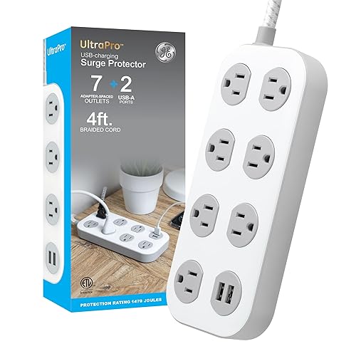 GE 7-Outlet Surge Protector Power Strip with USB, 2 USB-A, 4 Ft Braided Cord, Multi Plug Outlet Extender, Flat Plug, Charging Station, 2.4A, 1470