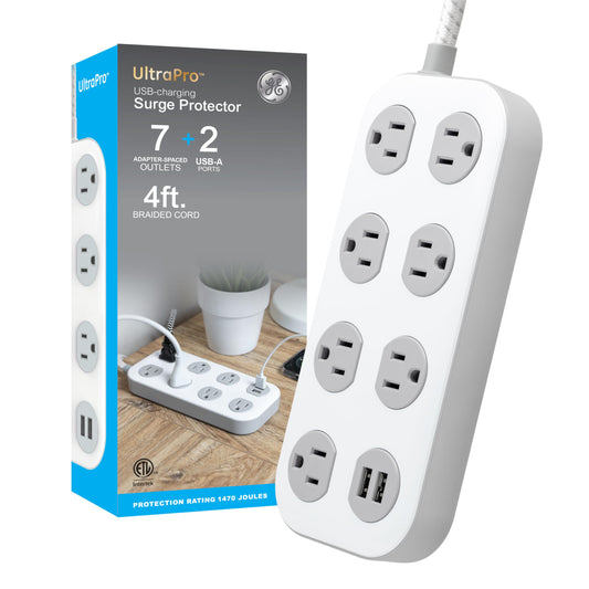GE 7-Outlet Surge Protector Power Strip with USB, 2 USB-A, 4 Ft Braided Cord, Multi Plug Outlet Extender, Flat Plug, Charging Station, 2.4A, 1470