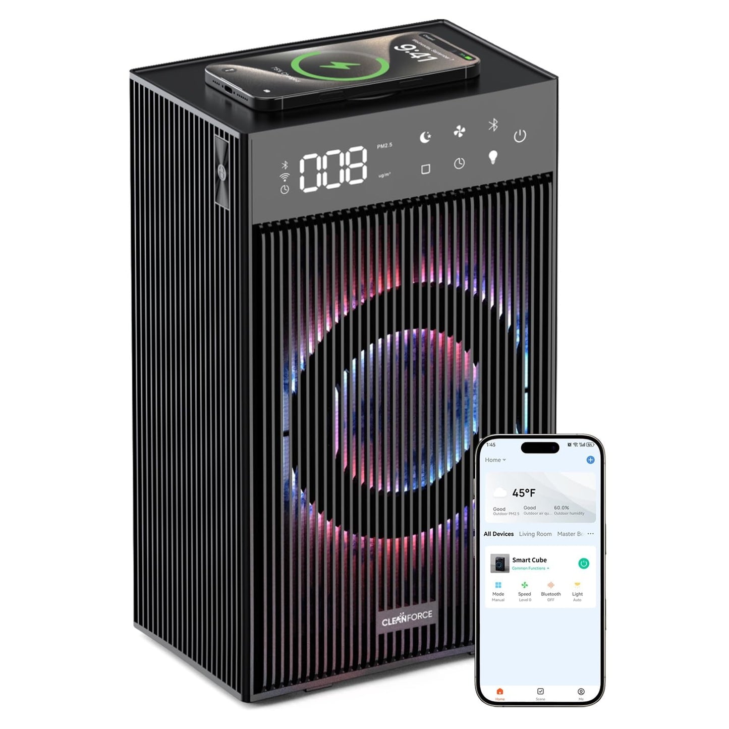 CleanForce Rainbow Cube | World’s First 4-in-1 Space-saving Air Purifier with Bluetooth Speaker, Wireless Charger & Aroma Diffuser | Swiss Tech?over