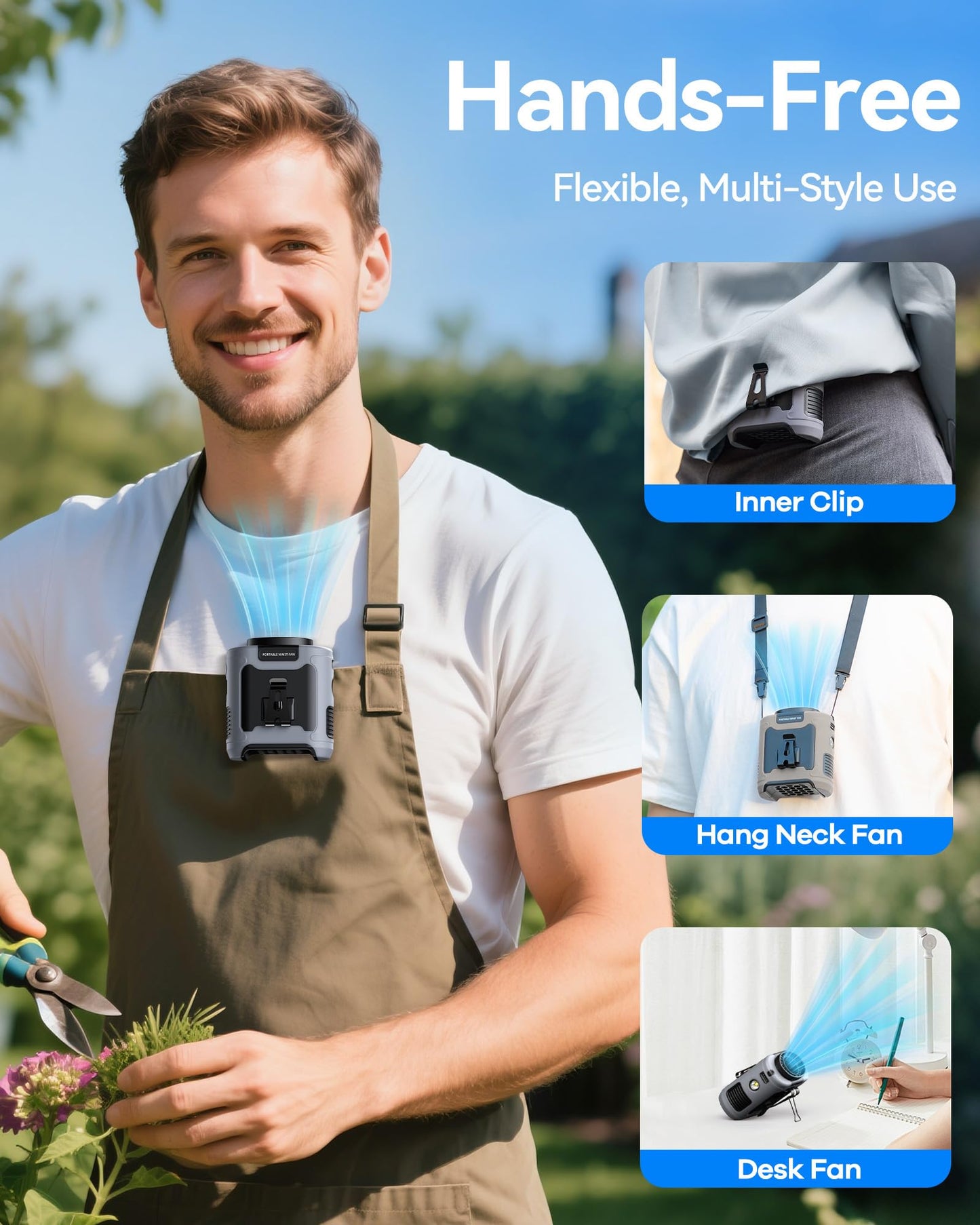 morsisho Portable Waist Fan 10000mAh Clip on Fan Belt Personal Fan with Rechargeable Battery operated, Flashlight & 5 Speeds Neck Hands-Free 40H